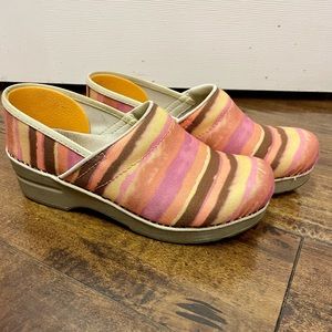 Dansko Vegan Striped Canvas Clogs.